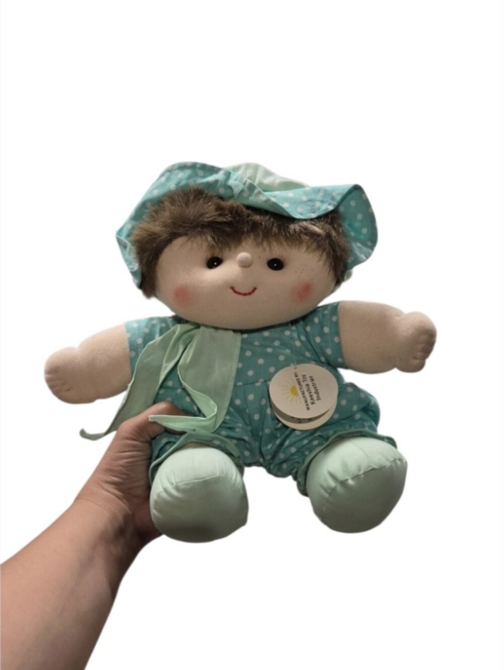 Vintage Keeshia Toy Industries Plush Baby Doll in Mint Polka Dot Outfit